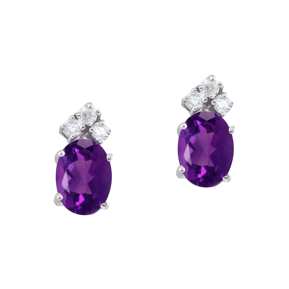 These 7x5 mm oval shaped amethyst earrings are set in beautiful 14k white gold and feature .12 to...