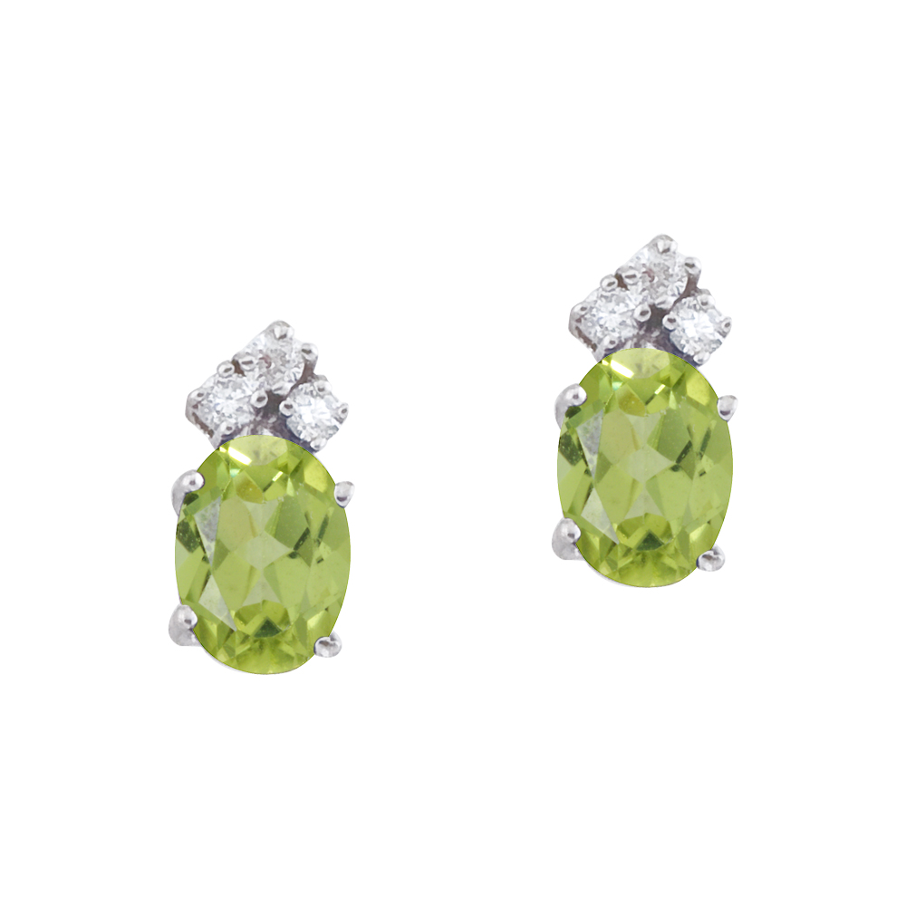 These 7x5 mm oval shaped peridot earrings are set in beautiful 14k white gold and feature .12 tot...