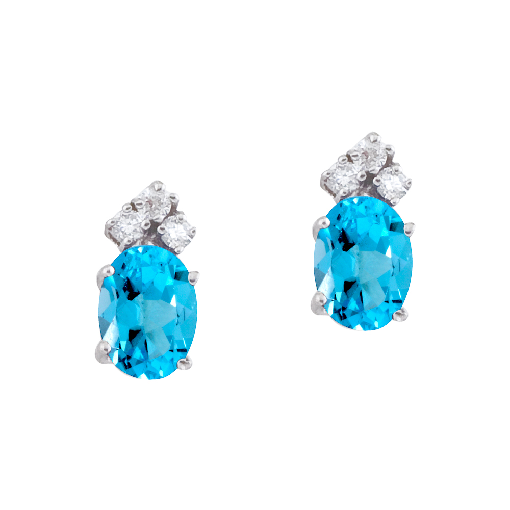 These 7x5 mm oval shaped blue topaz earrings are set in beautiful 14k white gold and feature .12 ...