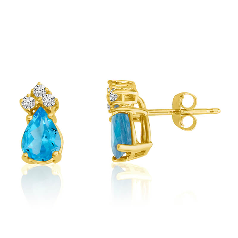14k Yellow Gold 7X5 Pear Blue Topaz and Diamond Earrings