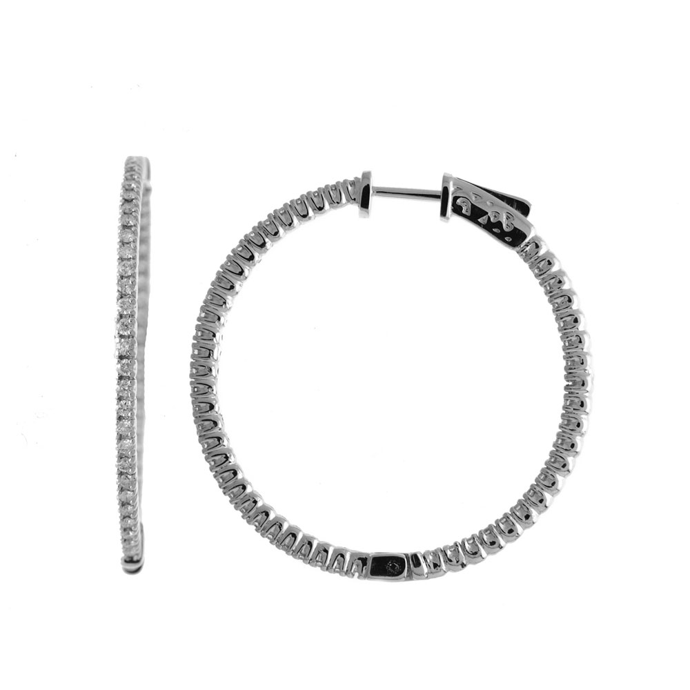 These 35x35 mm patented secure lock inside-outside diamond hoop earrings feature 1 carats of stun...