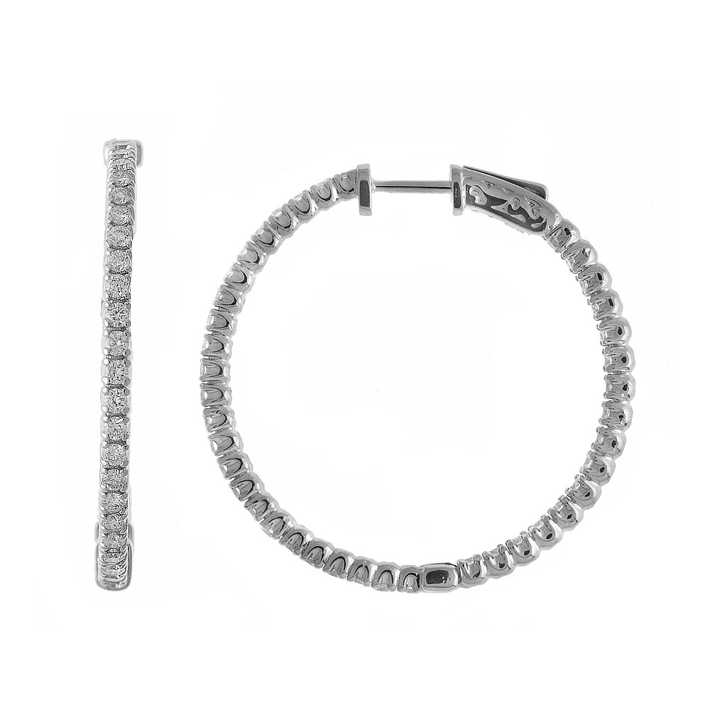 These 35x35 mm patented secure lock inside-outside diamond hoop earrings feature 3 carats of stun...
