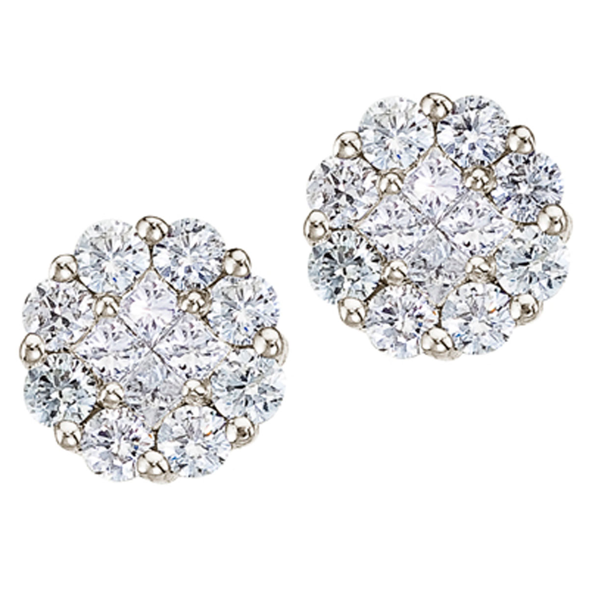 Gorgeous 14k white gold earrings with a full carat of shimmering genuine diamonds. Clustaires give all the sparkling elegence of a solitaire at a fraction of the price.