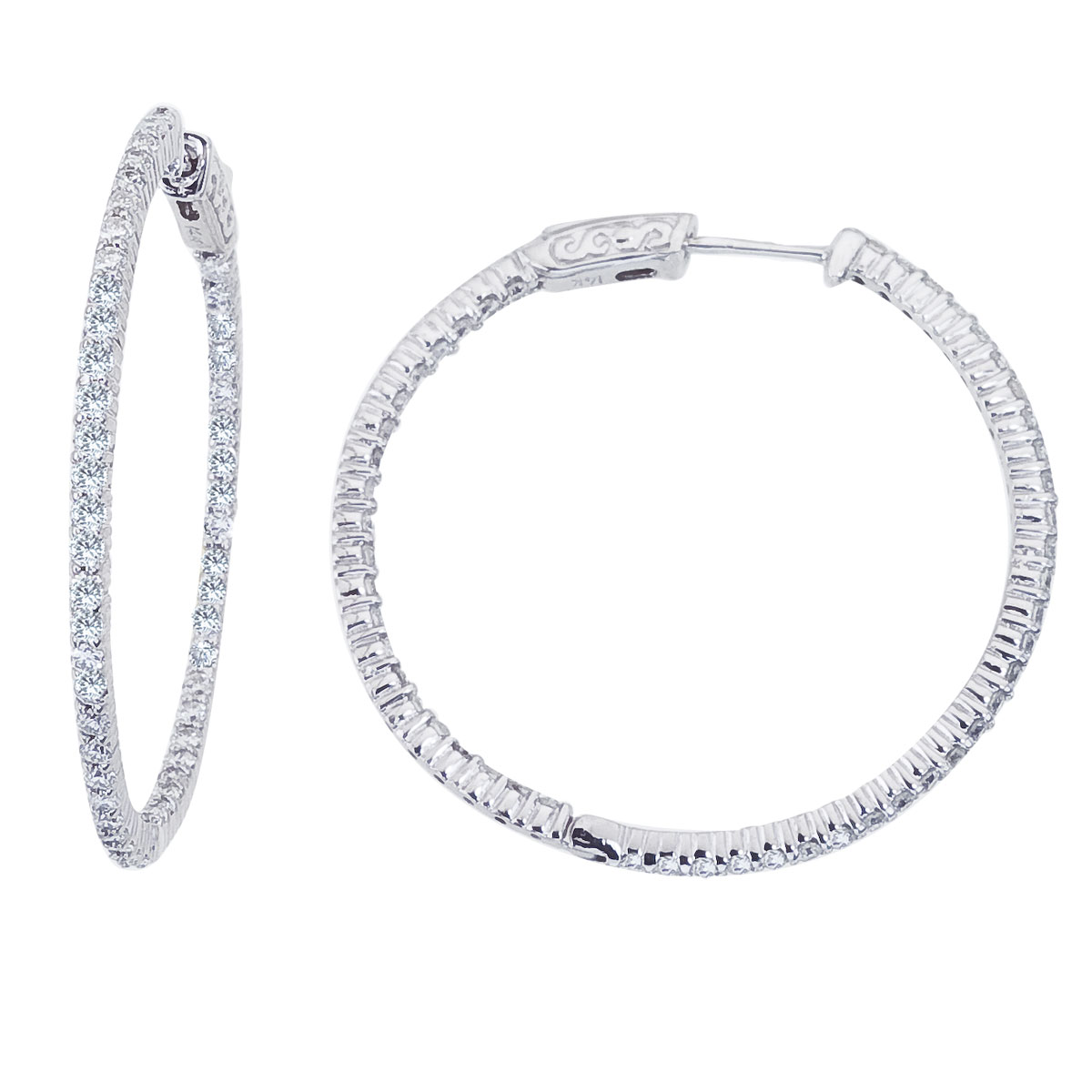These 35x35 mm patented secure lock inside-outside diamond hoop earrings feature 2 carats of stun...
