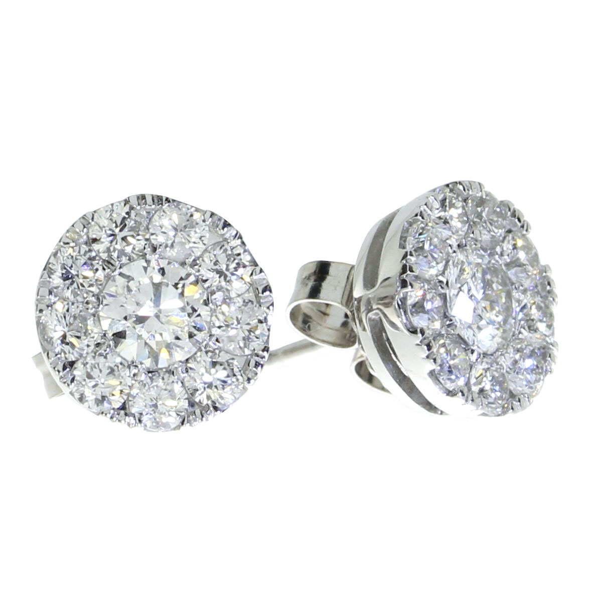 Gorgeous 14k white gold earrings with a full carat cluster of shimmering high quality diamonds.