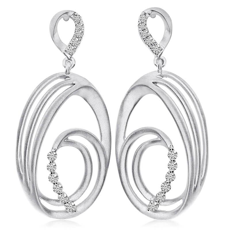 14K White Gold Oval Satin Drop Diamond Earrings
