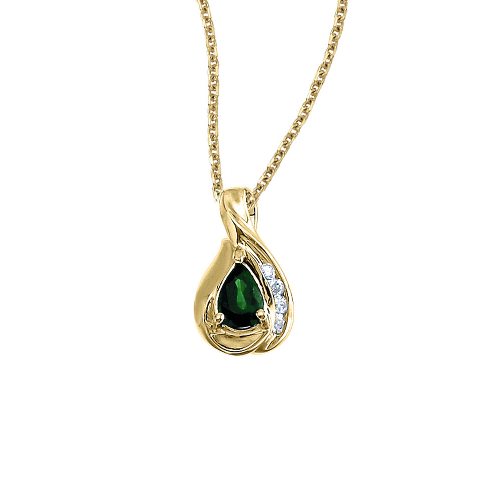 A beautiful  eye-catching  7x5mm genuine emerald pendant in 14k yellow gold with .08 total diamon...