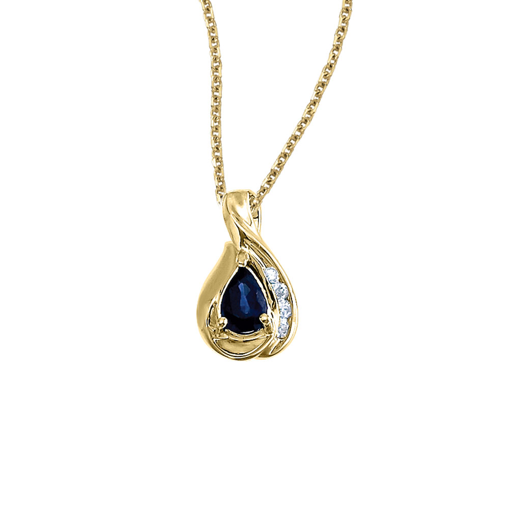 A beautiful  eye-catching  7x5mm genuine sapphire pendant in 14k yellow gold with .08 total diamo...