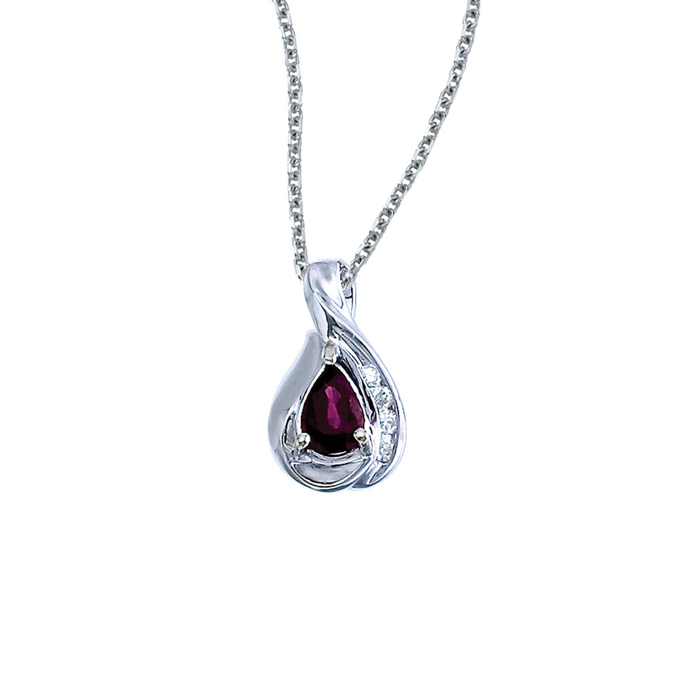 A beautiful  eye-catching  7x5mm genuine ruby pendant in 14k white gold with .08 total diamond ca...