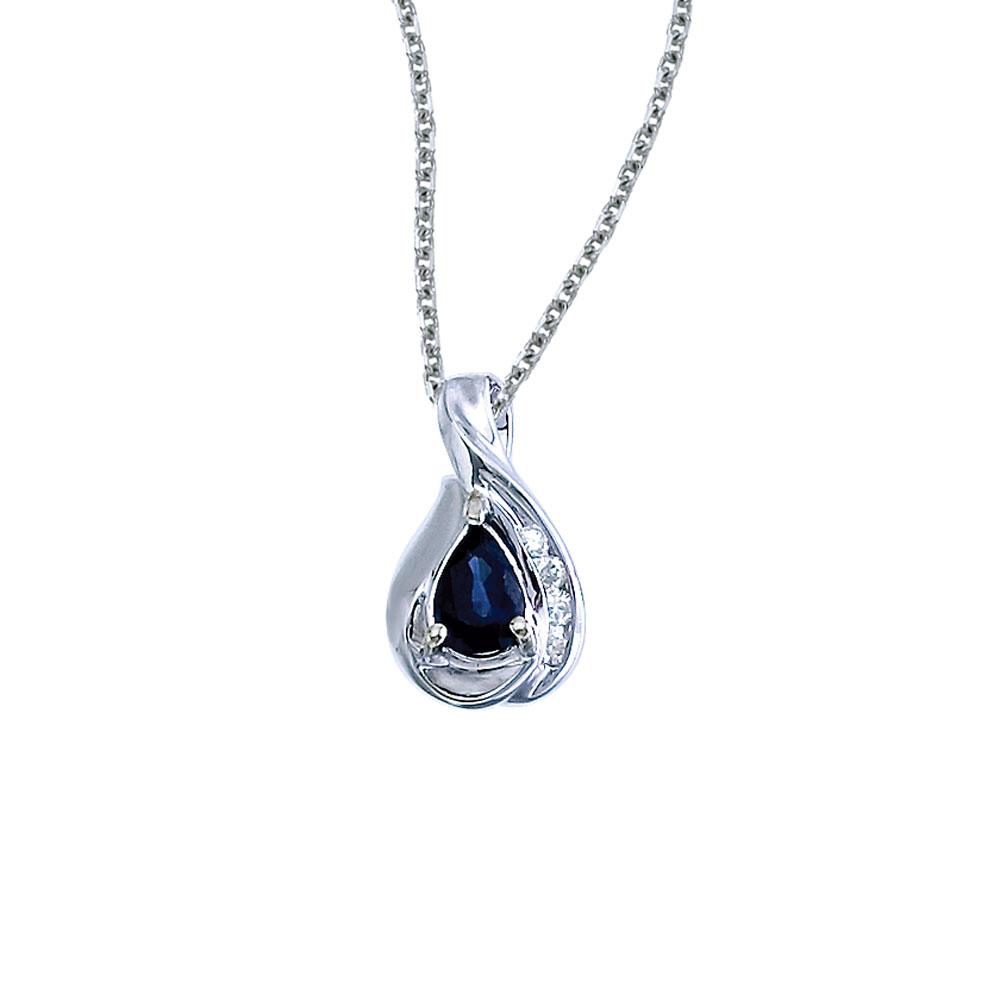 A beautiful  eye-catching  7x5mm genuine sapphire pendant in 14k white gold with .08 total diamon...
