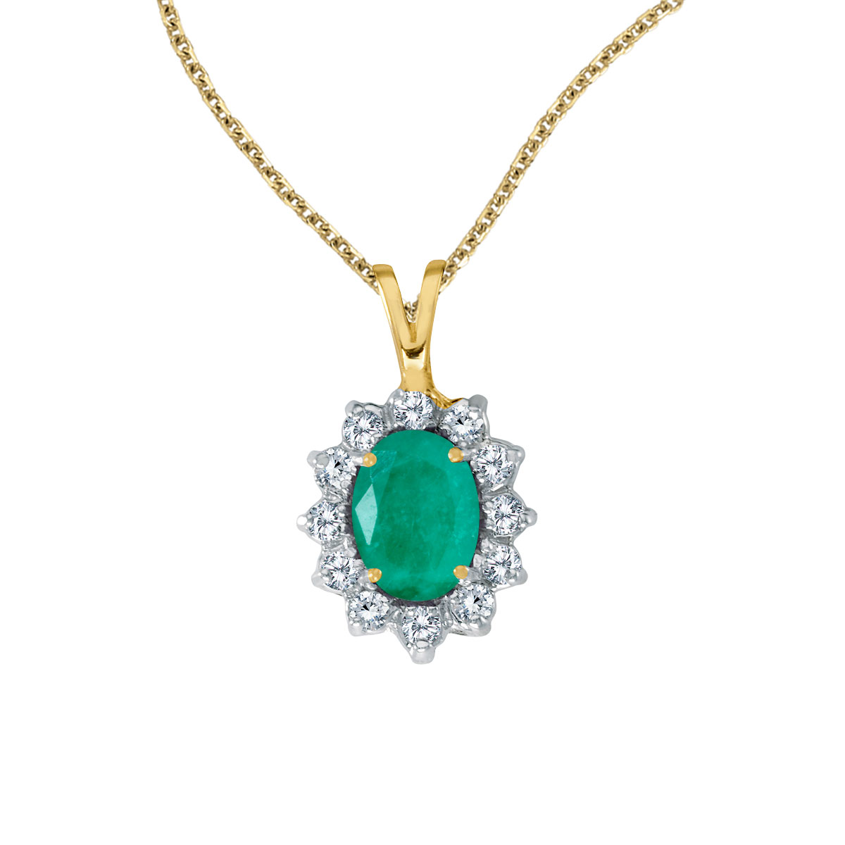 8x6 mm emerald surrounded by .30 carats of shimmering diamonds set in 14k yellow gold. Perfect fo...