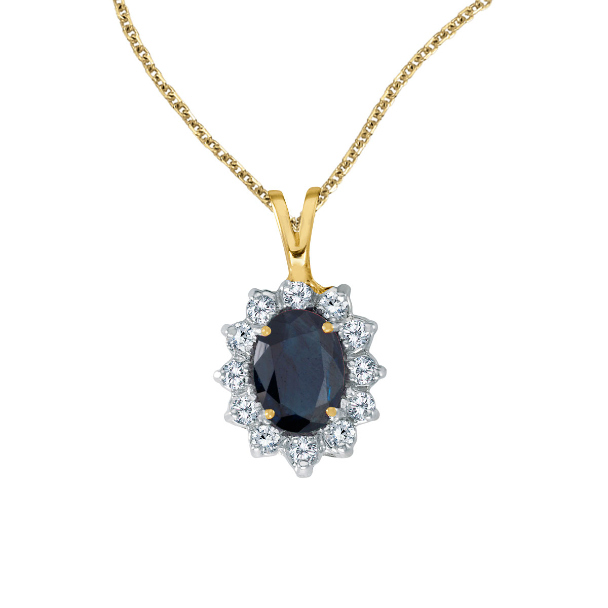 8x6 mm sapphire surrounded by .30 carats of shimmering diamonds set in 14k yellow gold. Perfect for birthdays and holidays.