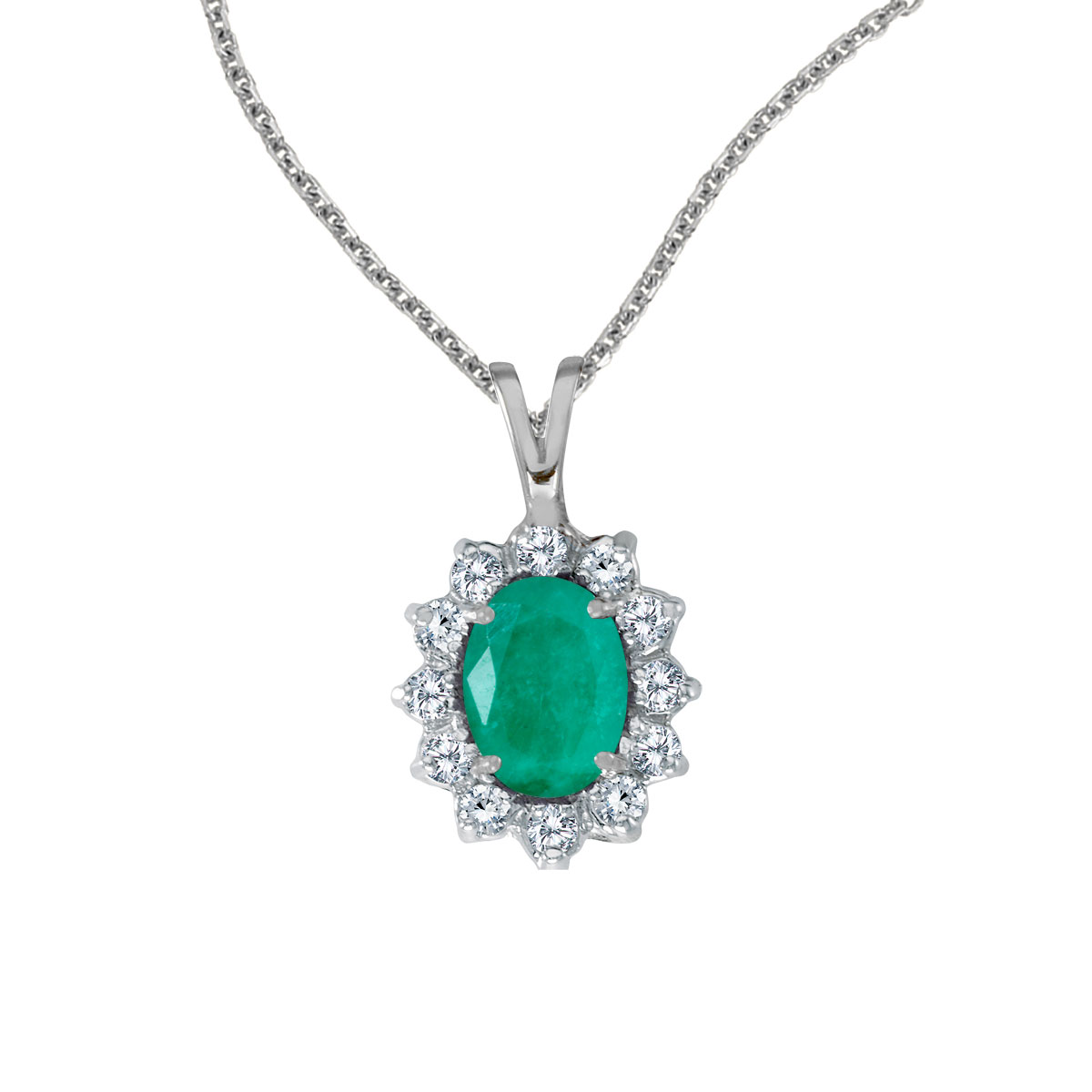 8x6 mm emerald surrounded by .30 carats of shimmering diamonds set in 14k white gold. Perfect for...