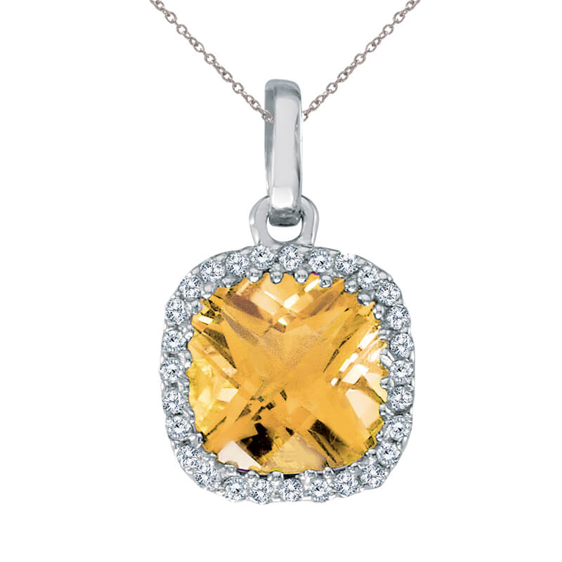 7 mm cushion cut citrine with bright diamonds set in 14k white gold.