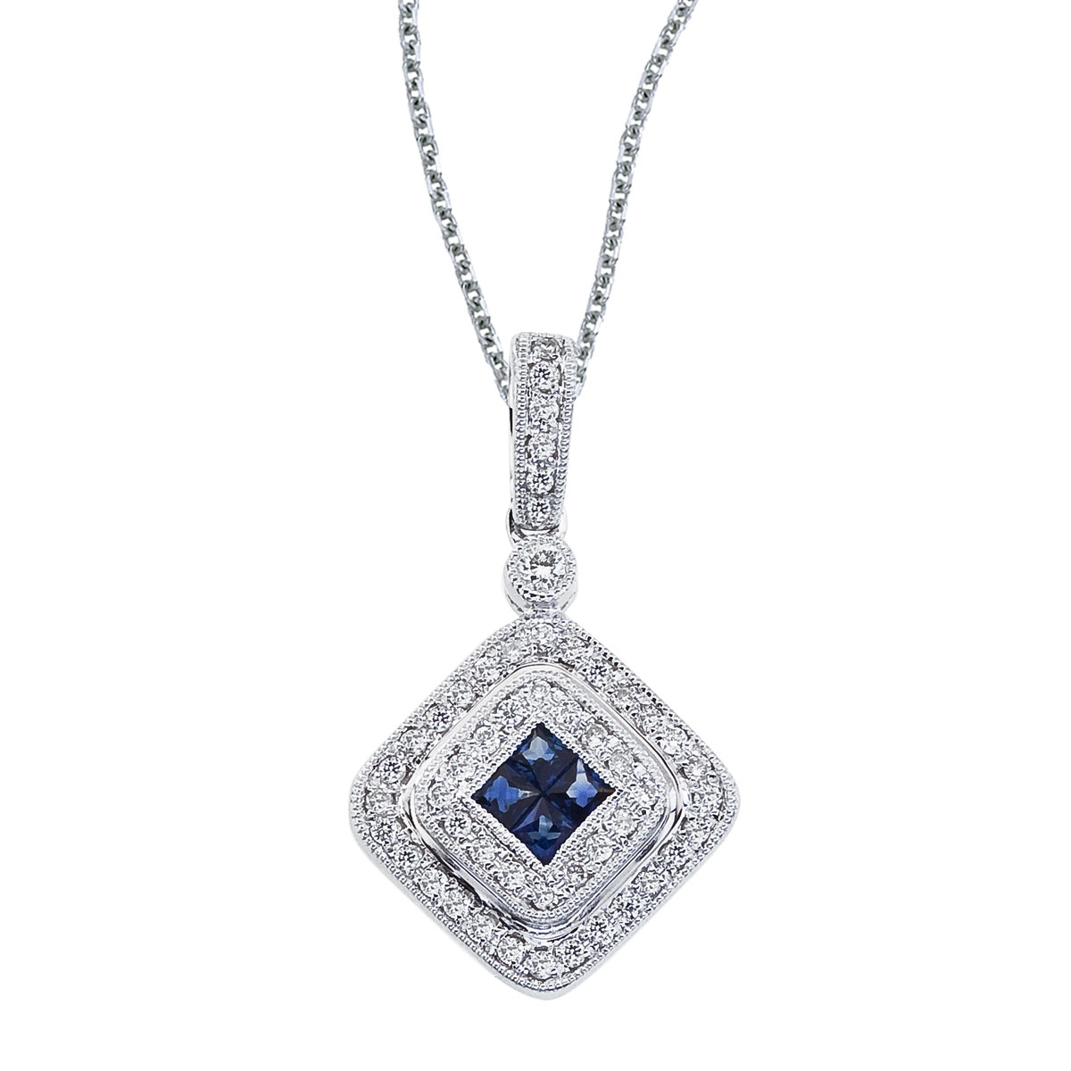 This fashionable pendant features four 1.6 mm sapphires and .17 total carats of sparkling diamonds.