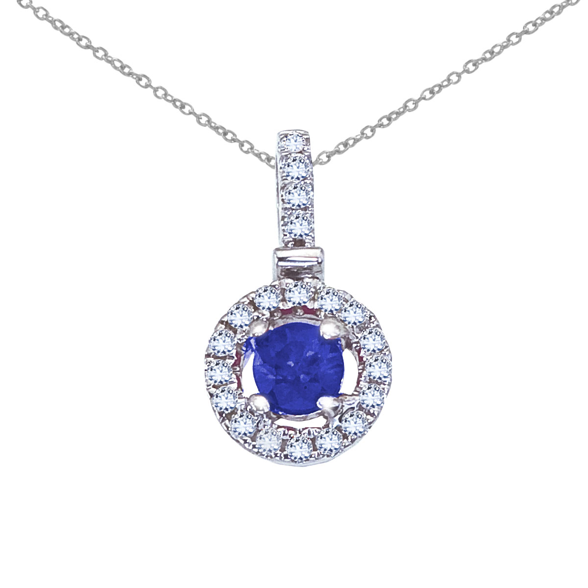 A stunning 3.8 mm sapphire surrounded .12 total ct diamonds set in a bright 14k white gold pendant.
