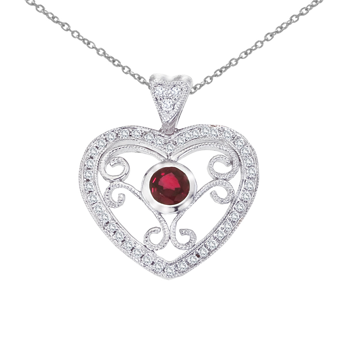 Symbolize everlasting precious love with this 14k white gold heart pendant containing a 3.5 mm ru...