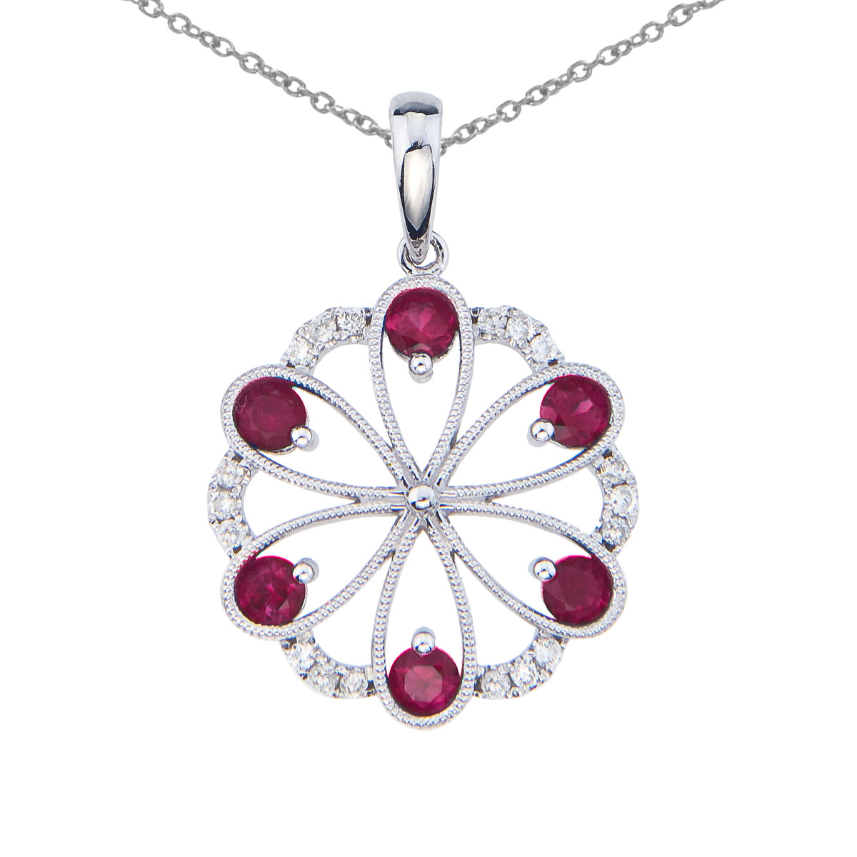 Beautiful floral pendant set in 14k white gold with 6 dazzling rubies and .14 total carats of bri...
