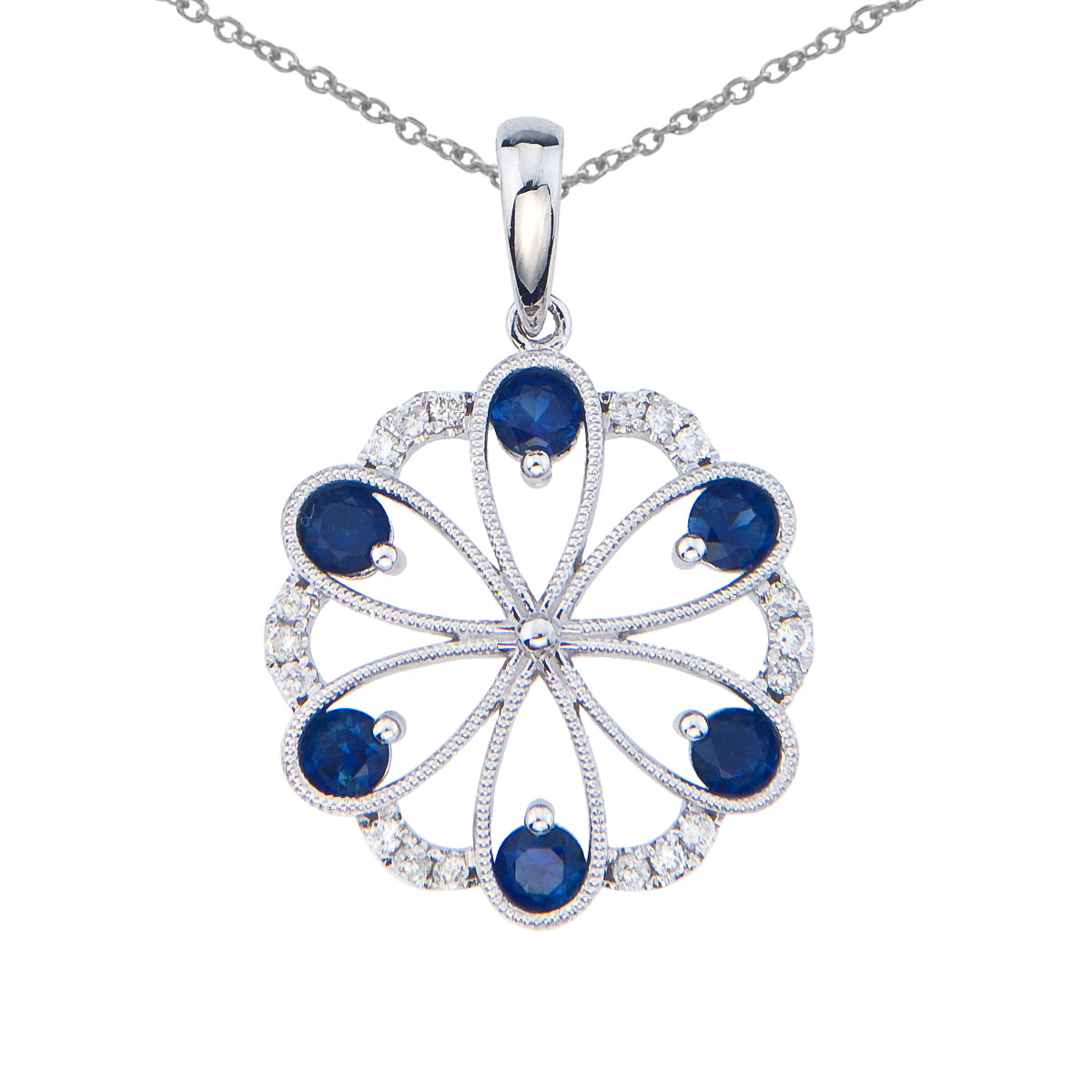 Beautiful floral pendant set in 14k white gold with 6 dazzling sapphires and .14 total carats of ...