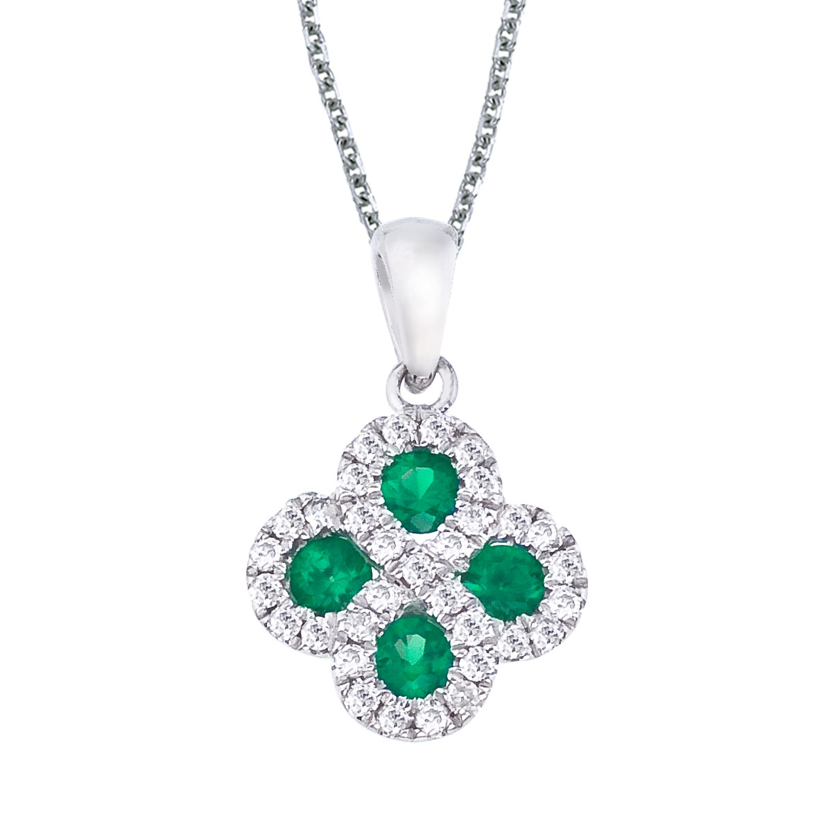 This 14k white gold clover shape pendant contains four 2.7 mm emeralds surrounded by .13 carats o...