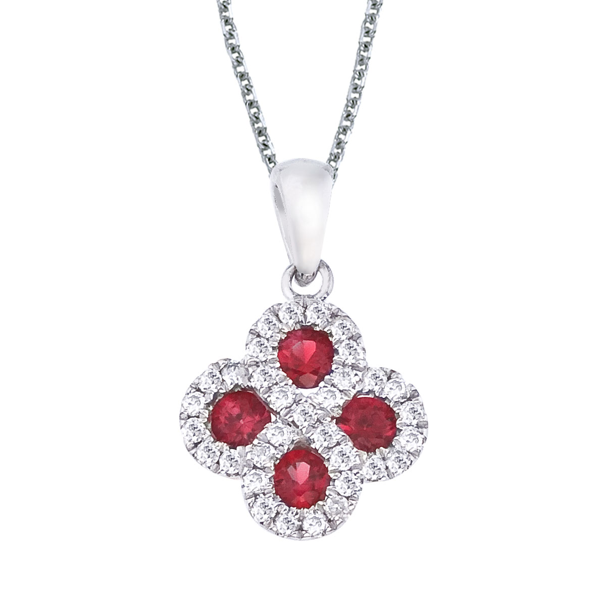 This 14k white gold clover shape pendant contains four 2.7 mm rubies surrounded by .13 carats of ...