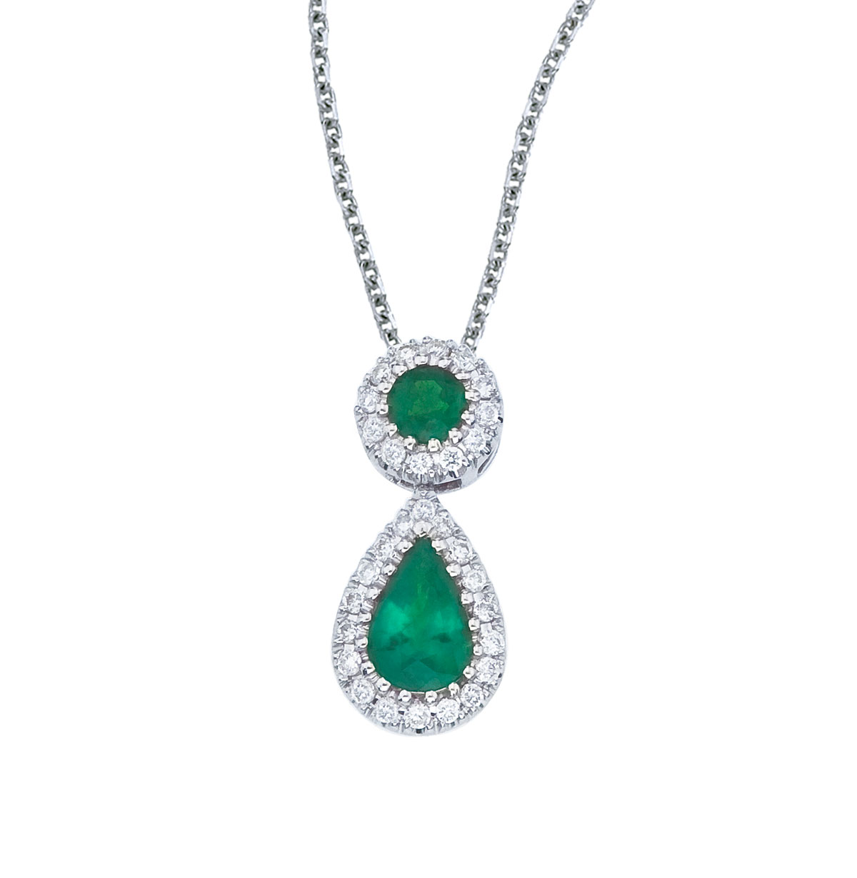 This beautiful 14k white gold pendant features a 6x4 mm emerald dangling from a 2.5 mm round emer...