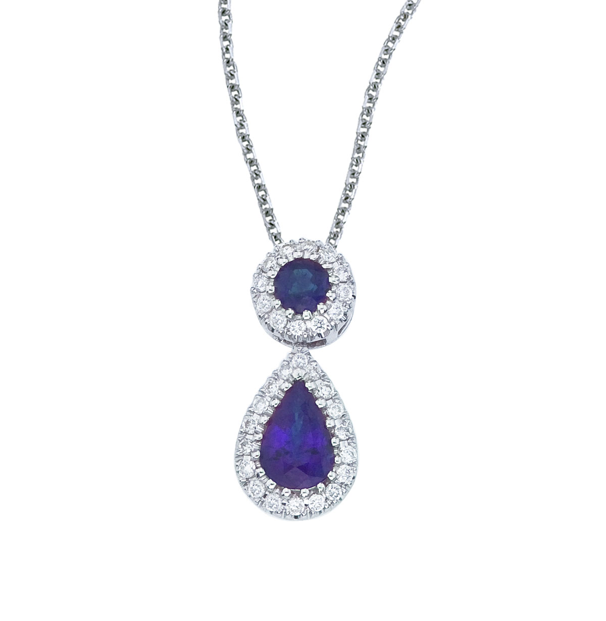 This beautiful 14k white gold pendant features a 6x4 mm sapphire dangling from a 2.5 mm round sap...