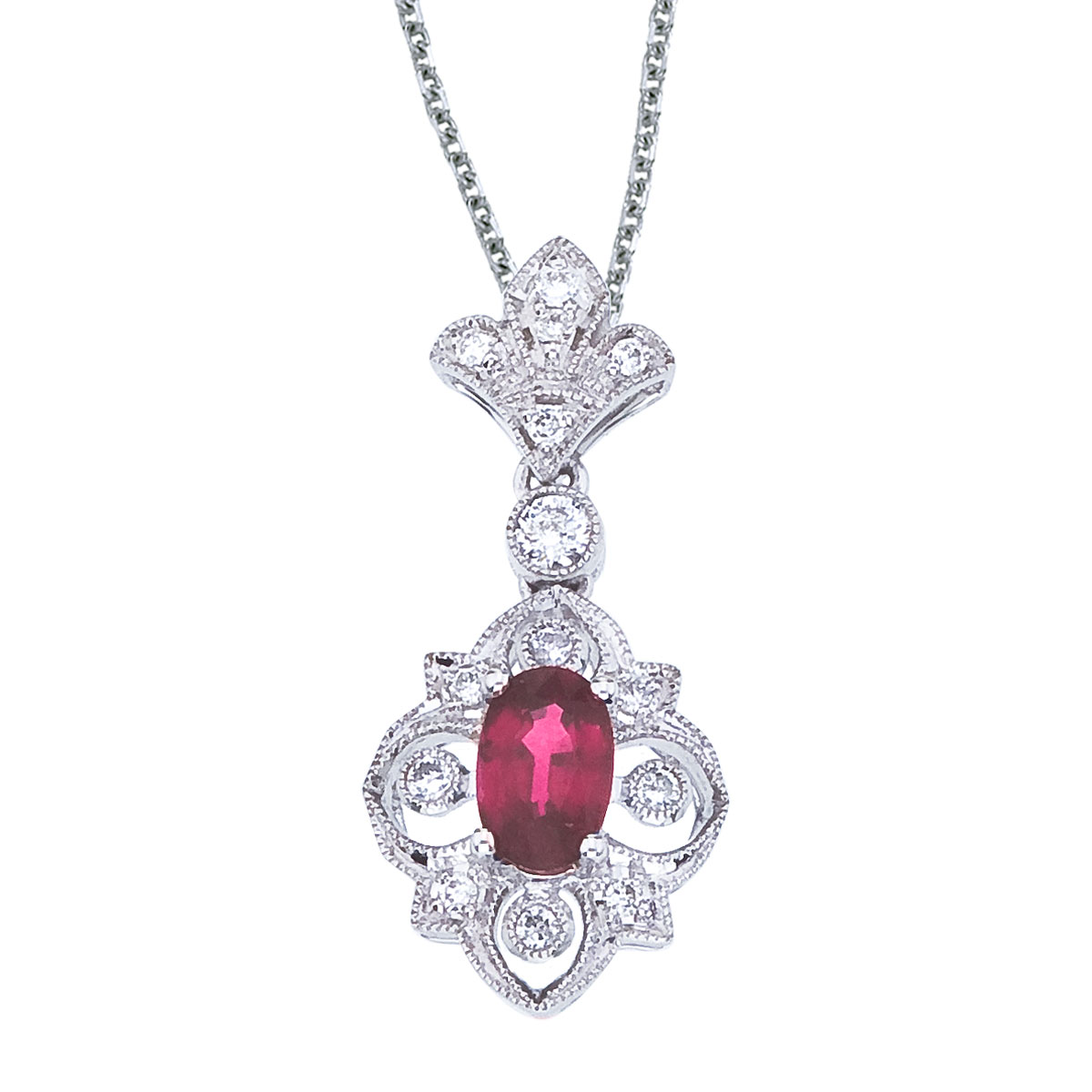 This stunning pendant features a 5x3 mm ruby and .10 total diamond carats set in a 14k white gold...