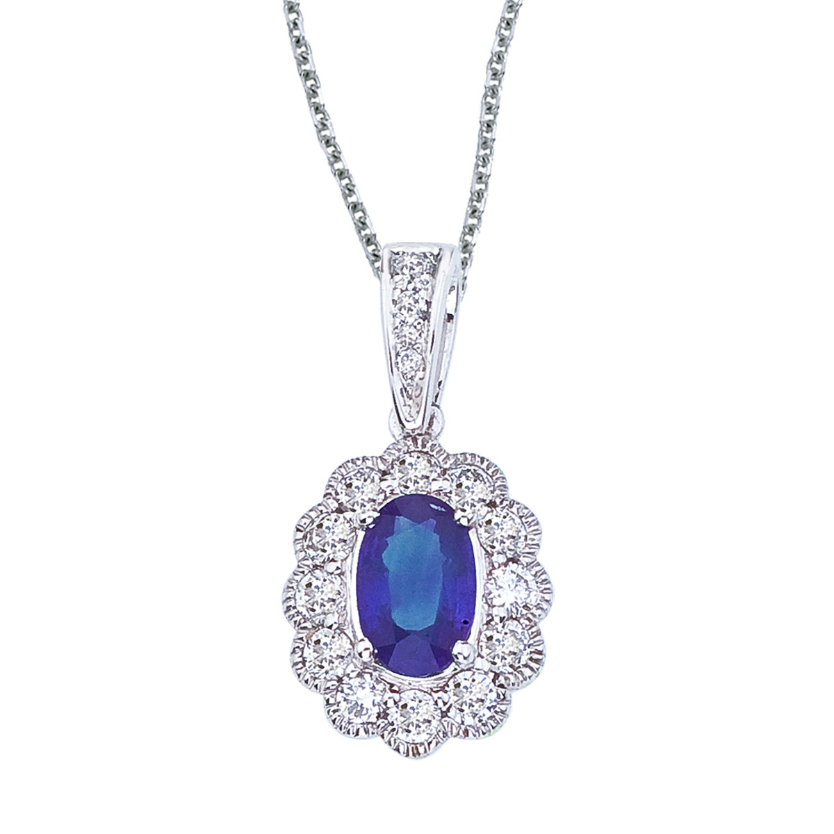 This beautiful 14k white gold pendant features a bright 6x4 mm sapphire with .30 total ct diamonds.