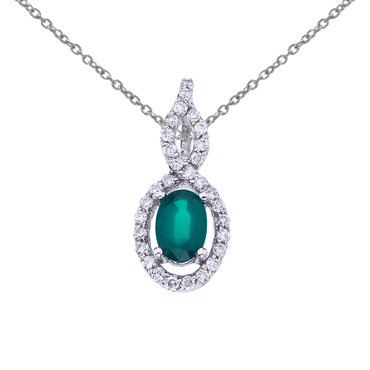 Luminous 6x4 mm emerald pendant surrounded by .18 total ct diamonds set in 14k white gold.