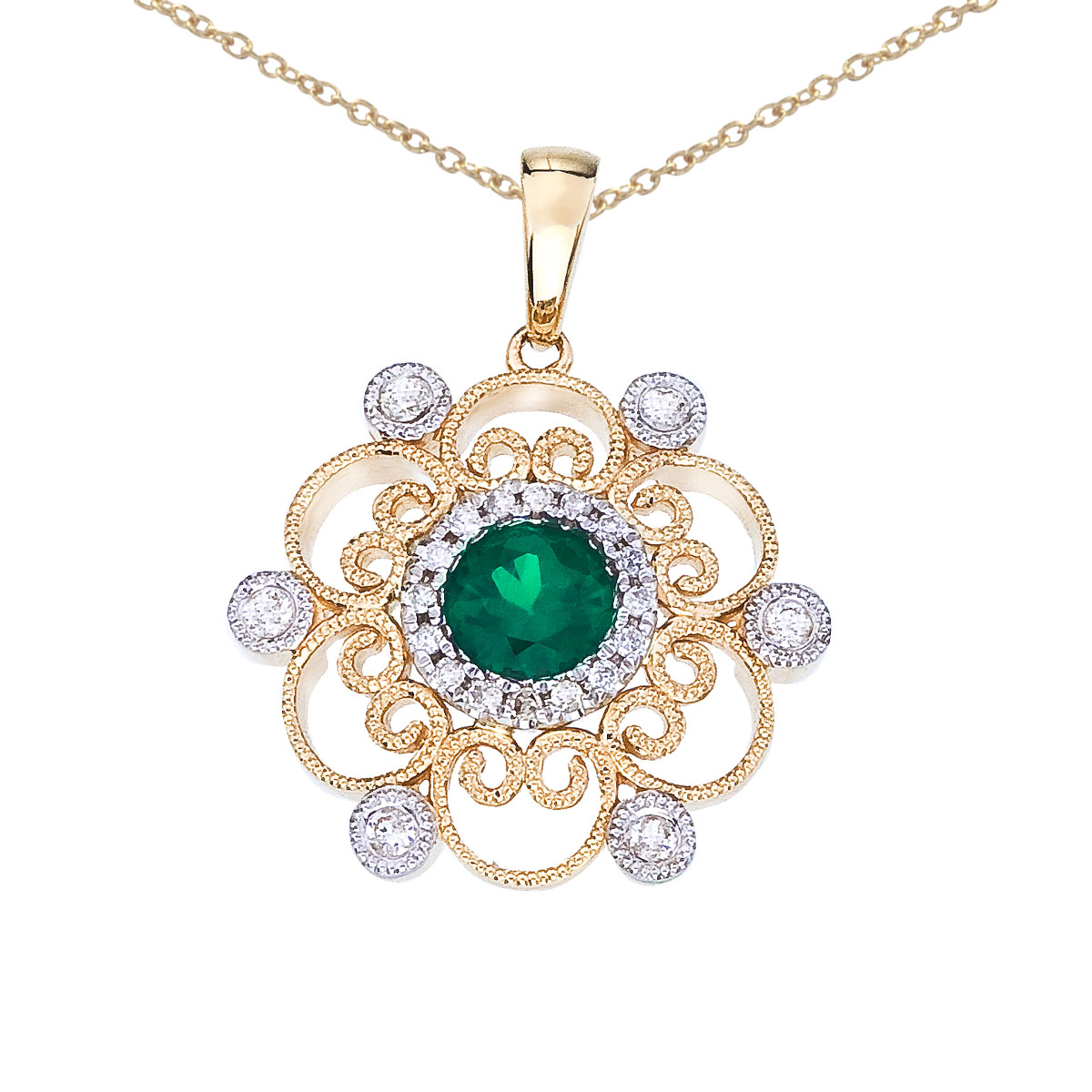 Sophisticated 14k two-toned gold pendant containing a vibrant 5 mm round emerald and .13 ct diamo...