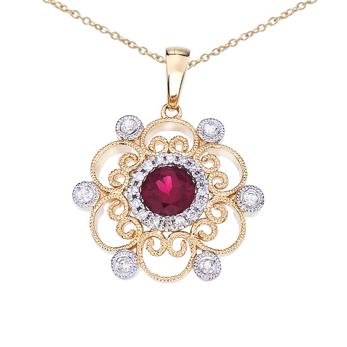 Sophisticated 14k two-toned gold pendant containing a vibrant 5 mm round ruby and .13 ct diamond accents.