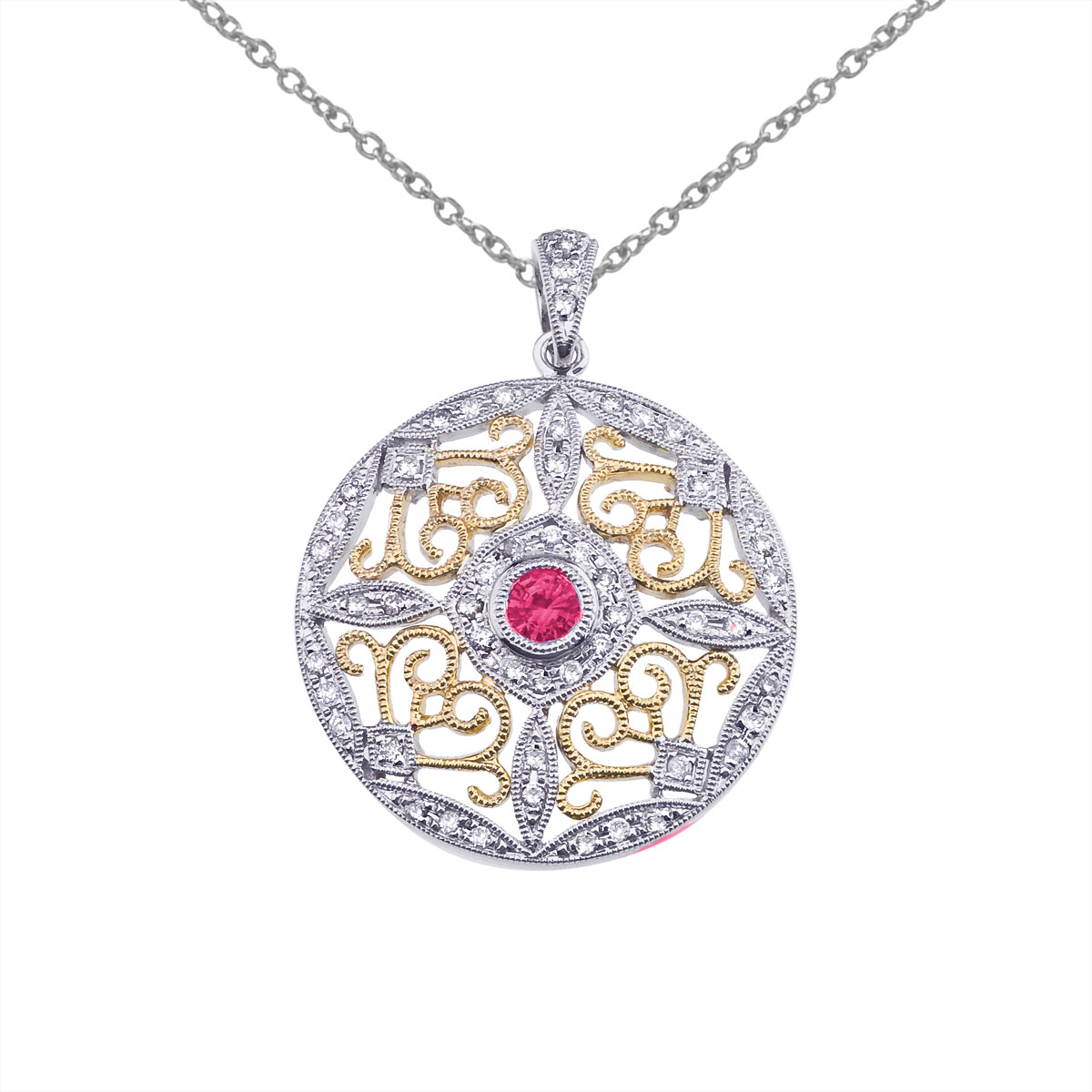 This pendant features a beautiful and intricate 14k two tone gold filigree design with a 4 mm rub...