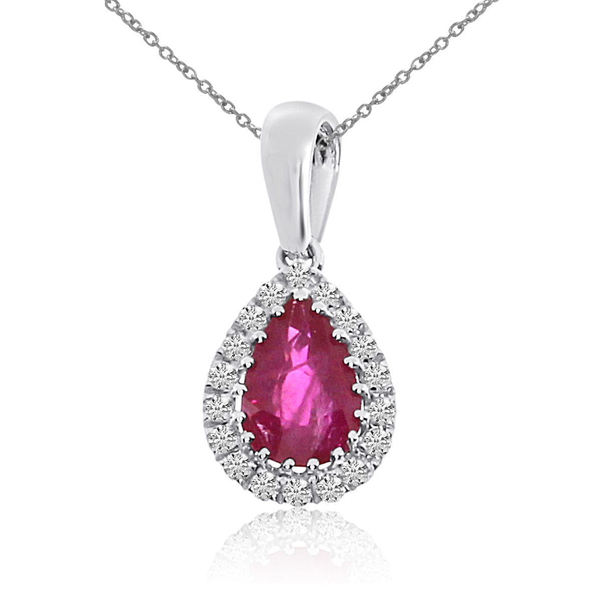 6x4 mm pear shaped ruby pendant with shimmering diamonds set in 14k white gold.