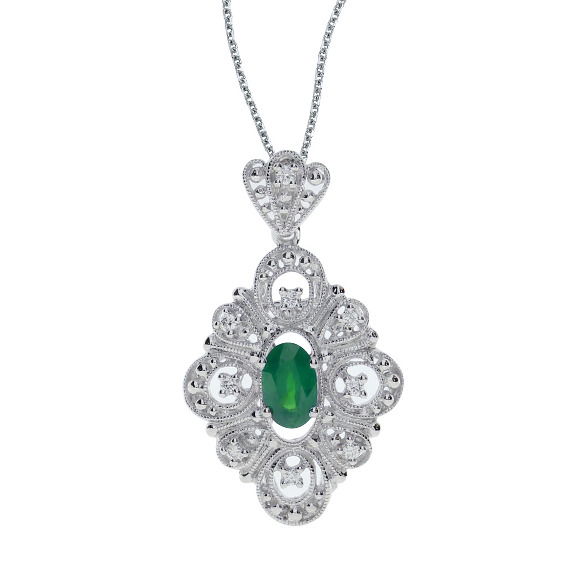 This beautiful 14k white gold pendant features a bright 6x4 mm oval emerald and .08 carats of shi...