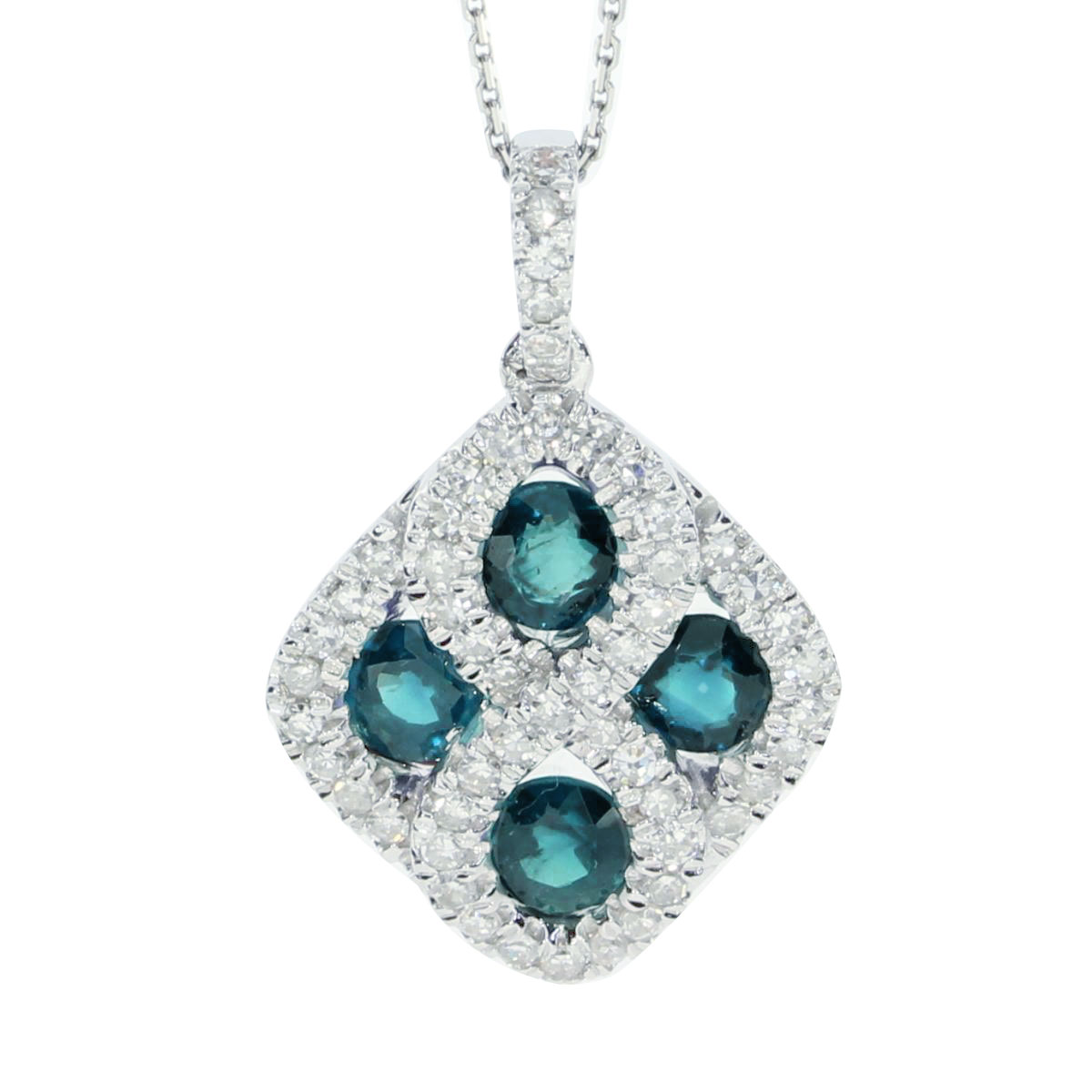 This 14k white gold diamond shape pendant contains four 4 mm emeralds surrounded by .26 carats of...