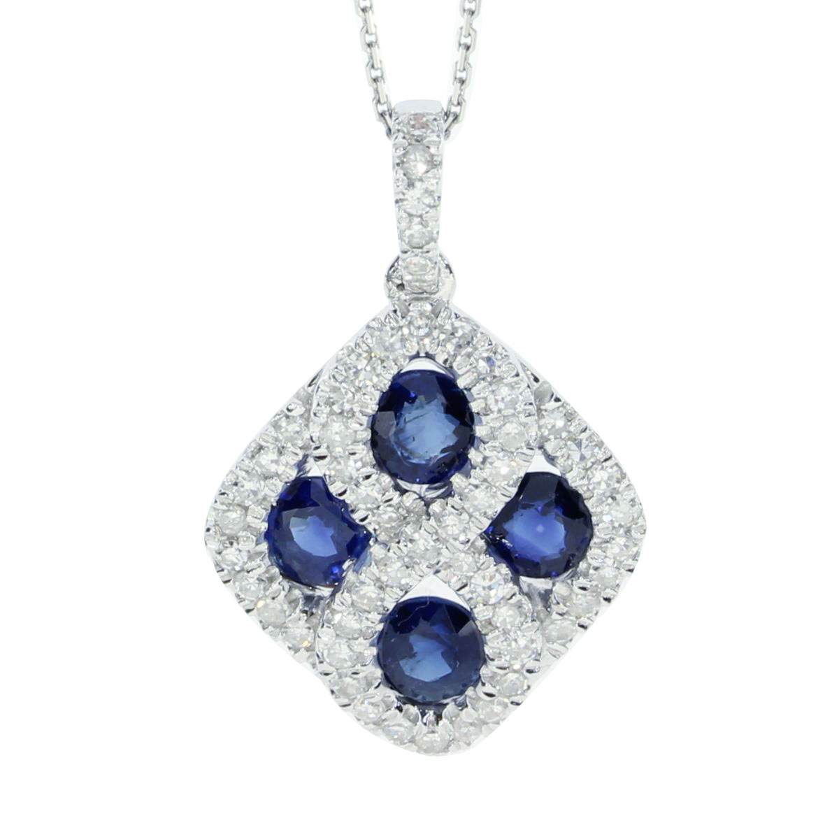 This 14k white gold diamond shape pendant contains four 4 mm sapphires surrounded by .26 carats o...
