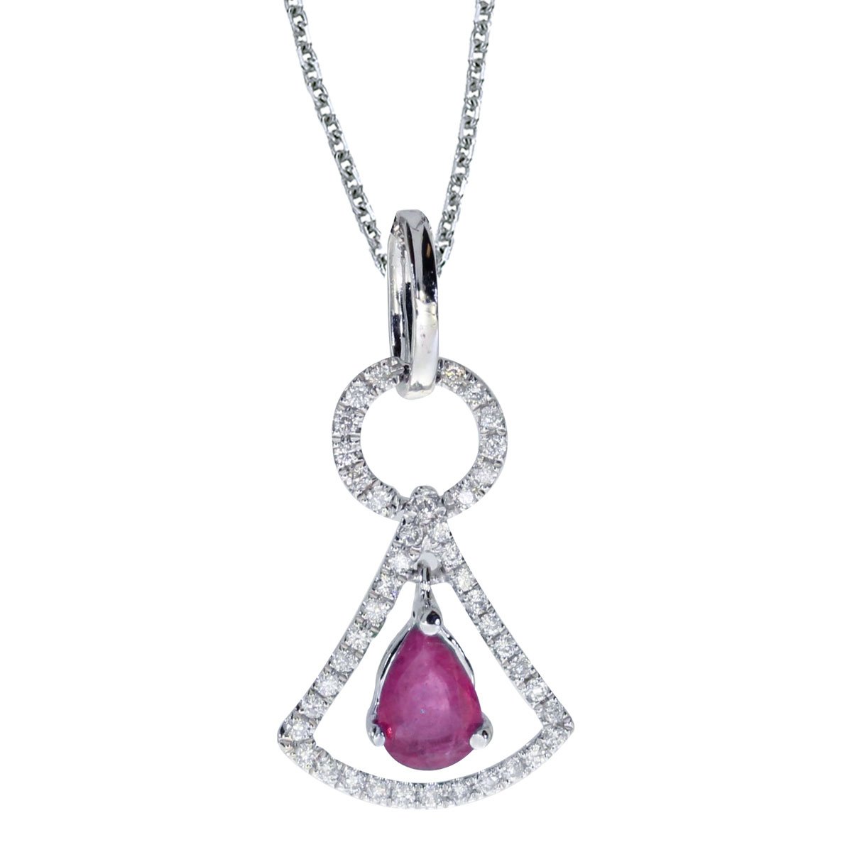 This unique 14k white gold  pendant features  a striking 6x4 mm pear ruby and .16 carats of shimmering diamond.