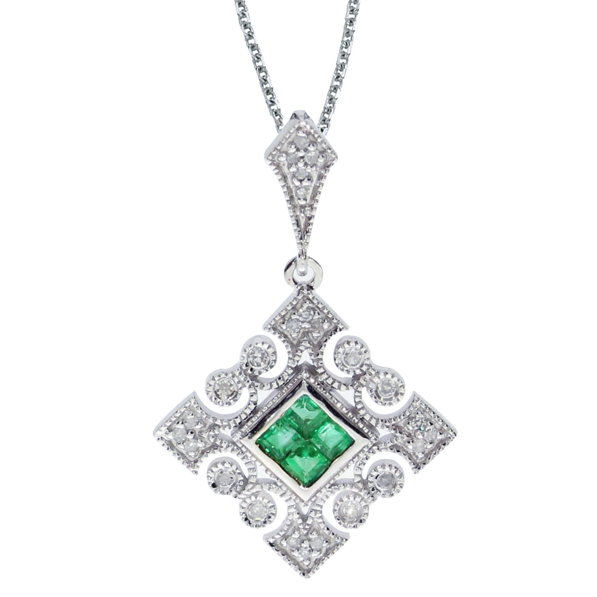 This 14k white gold filigree shape pendant contains four 2 mm emeralds surrounded by .10 carats o...