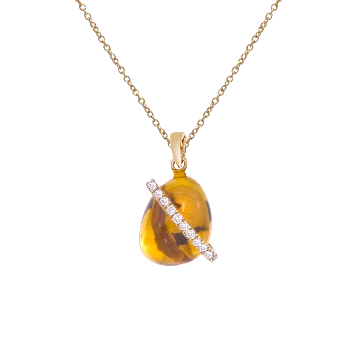 A luminous 9x7 mm cabochon citrine pendant with a ring of bright diamonds set in 14k yellow gold.