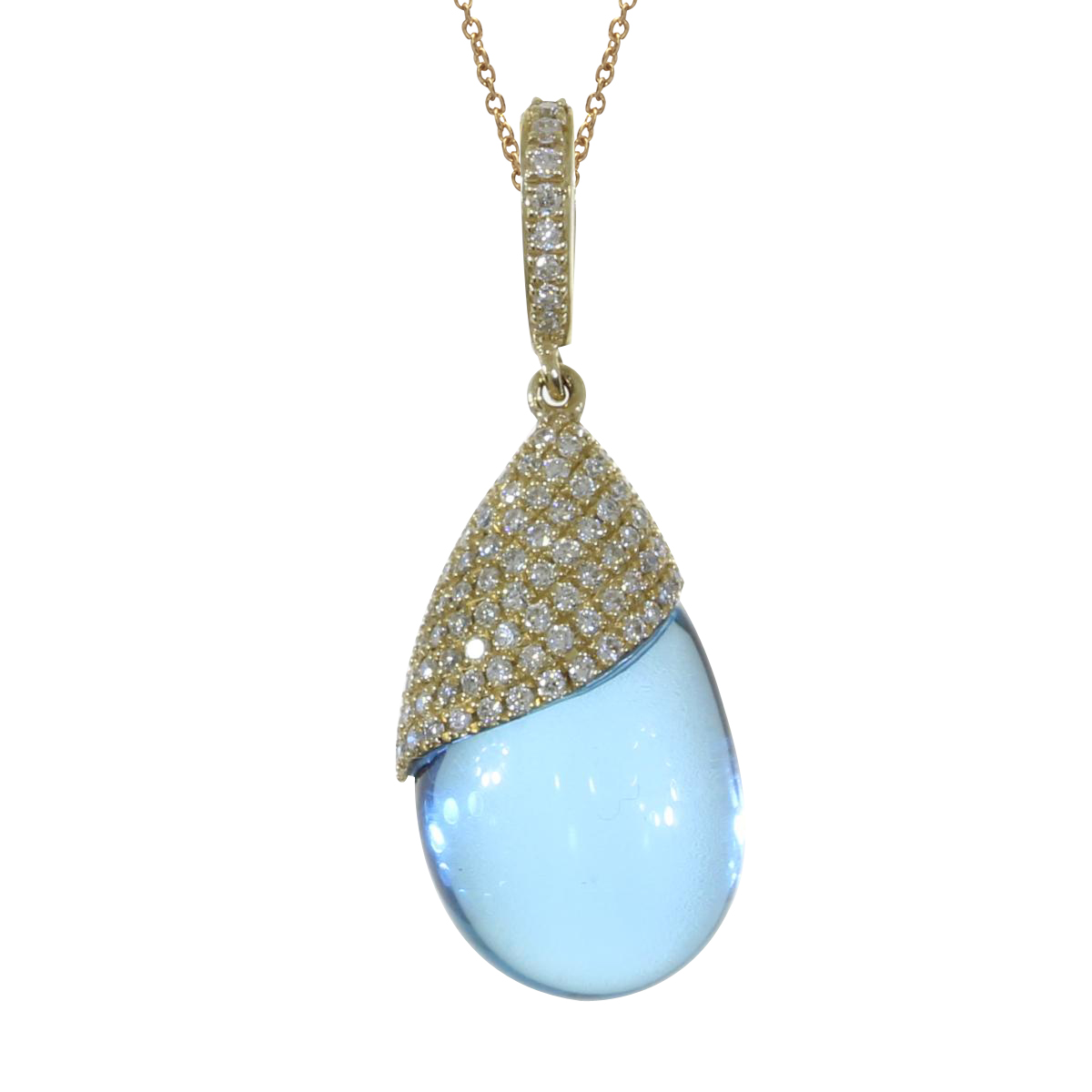 A luminous 15.8x10.3 mm cabochon blue topaz pendant topped off with .27 total carat diamonds set in 14k gold.