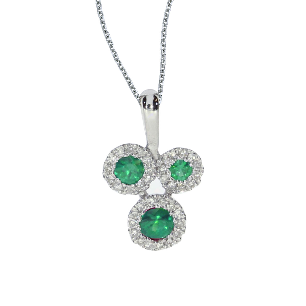 This 14k white gold pendant contains three 2.8 mm emeralds surrounded by .07 carats of shimmering...