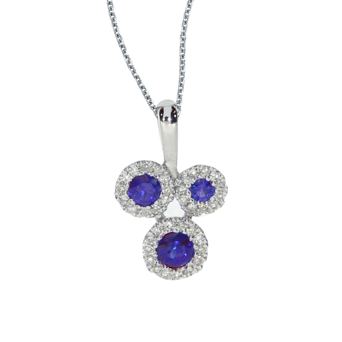 This 14k white gold pendant contains three 2.8 mm sapphires surrounded by .07 carats of shimmerin...