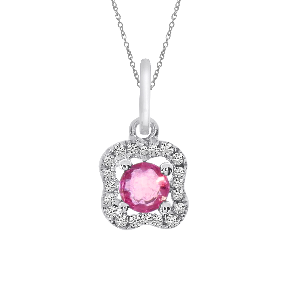 A charming pendant in 14k white gold with a beautiful 3.5 mm round ruby and .05 ct diamonds.