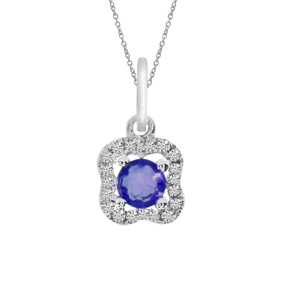 A charming pendant in 14k white gold with a beautiful 3.5 mm round sapphire and .05 ct diamonds.