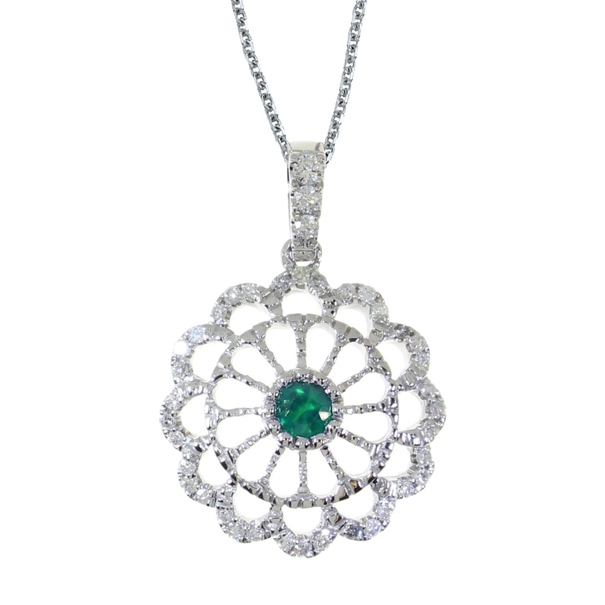 This beautiful 14k white gold pendant features a bright 3.5 mm round emerald and .05 carats of sh...