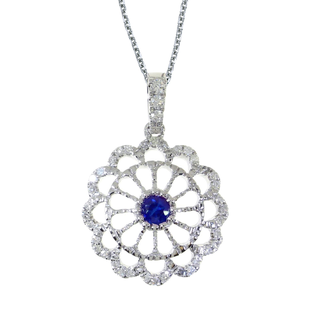 This beautiful 14k white gold pendant features a bright 3.5 mm round sapphire and .05 carats of s...