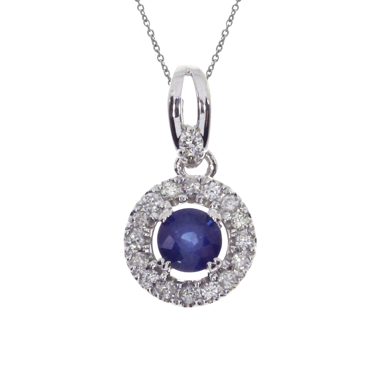 A halo of beautiful diamonds surround a genuine 5 mm sapphire all set in 14k white gold.