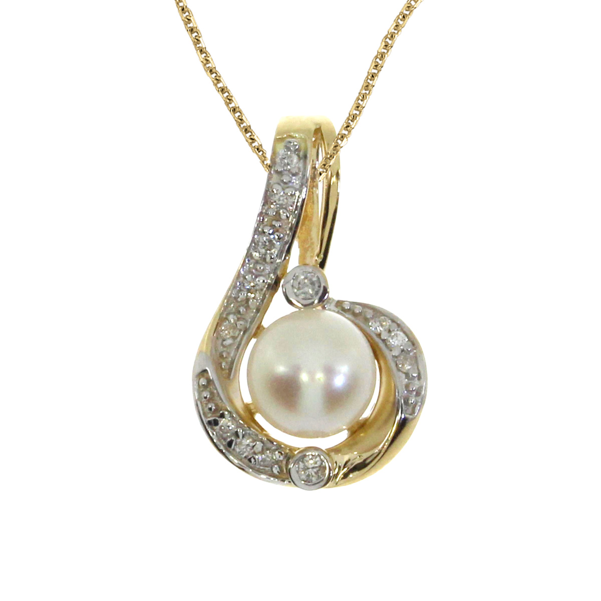 A beautiful swirl of 14k yellow gold and diamonds surround a 6 mm freshwater cultured pearl in th...