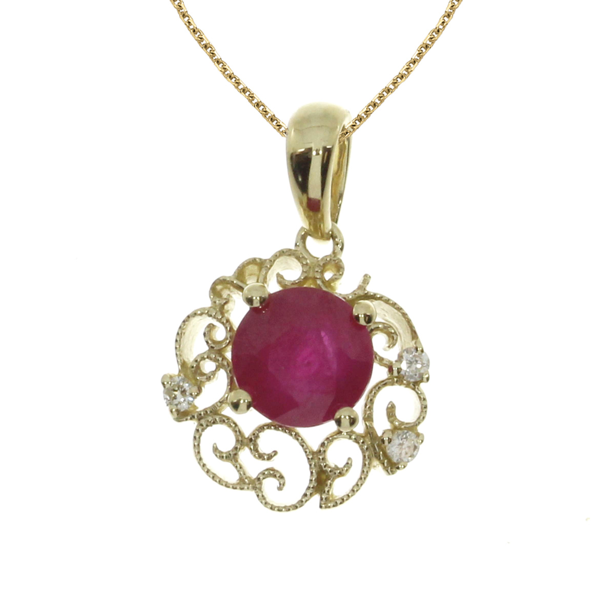 This distinctive pendant features a 6 mm round natural ruby with .04 total ct diamonds all in a h...